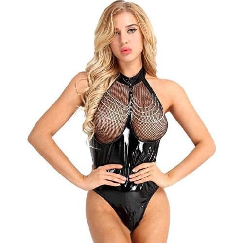 Bodystocking XL Black PU Leather Chain Latex Catsuit Underwear Bodysuit Body Femme Bodies Woman Sexy Costume Bdsm Bondage Sous V