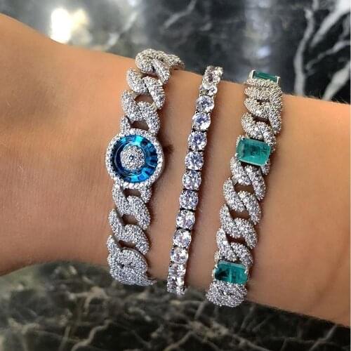 Big blue rectangle stone silver color micro pave 5A cubic zirconia cz Miami cuban link chain ice out bling women bracelet