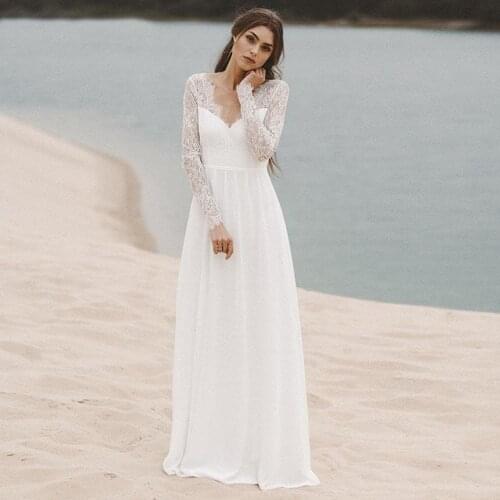 Elegant Beach Chiffon Wedding Dress 20221 Scoop Neck Lace Long Sleeve Backless Floor Length Bridal Gowns Vestido De Novia