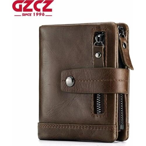 GZCZ Genuine Leather Men Wallets Purse Money Bag Fashion Male Vallet Photo Card Holder Coin Purse Wallet Man Zipper Pouch
