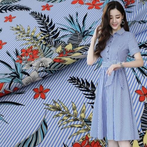 Blue stripes small flower printing cotton fabric for dress shirt bazin riche getzner telas por metro tissu tecidos tissus tela
