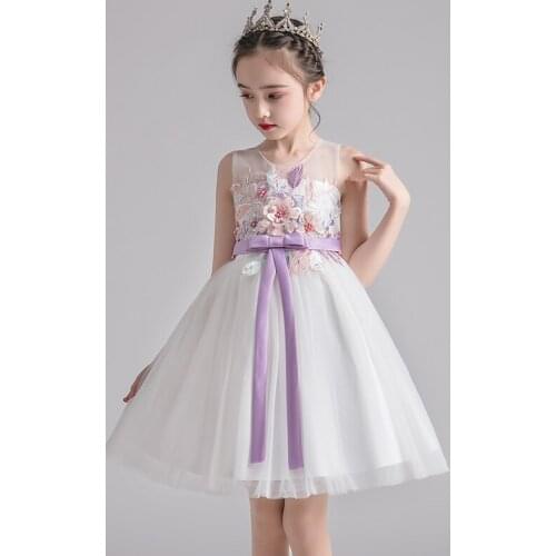 Girls Summer Princess Dress 2020 New Sleeveless O-Neck Hollow Out Flower Embroidery Party Wedding Dress Performance Mesh Dress