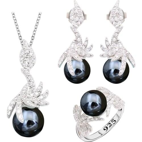 Black Pearl Silver Color Jewelry Sets for Women Earrings Necklace Pendant Ring New Arrival