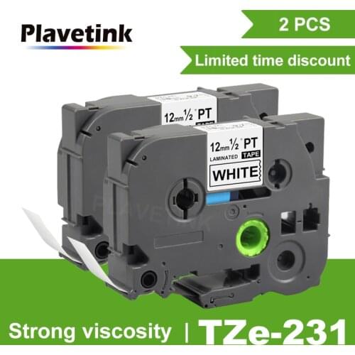 Plavetink 2 PCS tze231 tape 12mm compatible for Brother P-touch TZe 231 Black on White Label Maker TZ TZe-231 TZe-FX231