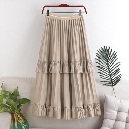 Elastic waist pleated knitted fabric stitching mid-length skirt Autumn winter new high waist slimming womens all-match skirt