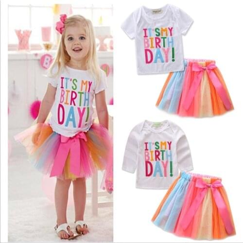 1 2 3 4 5 years Infant Girls Frist Brithday Party Dresses Girl Clothes T shirt + Colorful Mesh Skirt 2PCS Children Clothing Sets