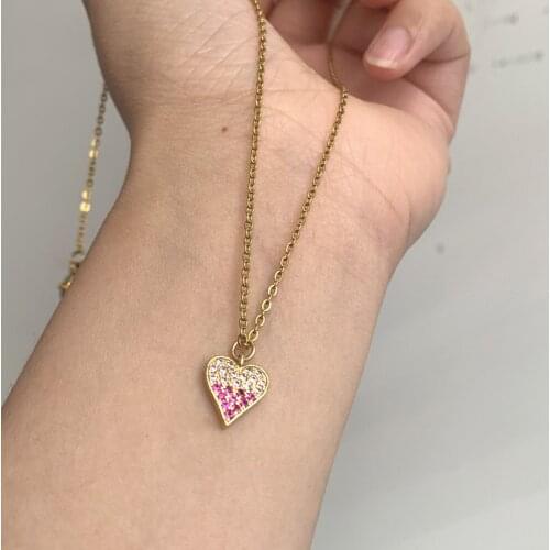 Simple Cute Micro Pave CZ Red Heart Pendant Necklace Womem Men Trendy Gold Color Cubic Zircon Charm Steel Chain Collar Jewelry