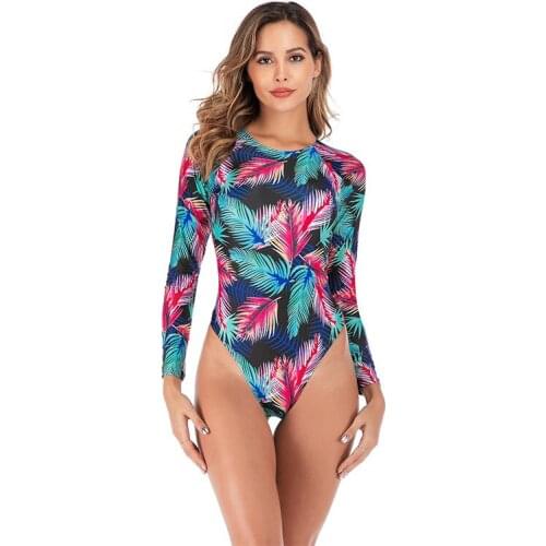 One Piece Swimsuits Womens Bathing Suits Long Sleeve Printed Backless Bikini Surfing Swimwear 40