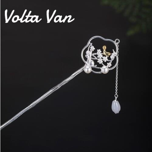 Volta Van Vintage Hair Forks 925 Sterling Silver Hairwear Jade Jewelry Elegant Freshwater Pearls Magpie Osmanthus Hair Sticks