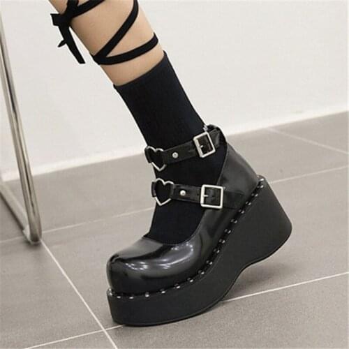 PXELENA JK Gothic Rivet Heart Shaped Women Cosplay Uniform Shoes Punk Wedge High Heels Platform Creepers Harajuku Japanese 34-43