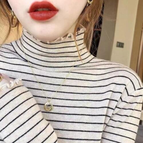 Woman Turtleneck Cotton Stripe Tshirt 2021spring Autumn Fashion All-match Slim Long Sleeve Simple Bottom Elegant Tops Chic Soft
