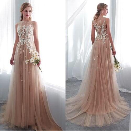 In Stock Delicate Tulle Jewel Neckline See-through Bodice A-line Wedding Dress With Lace Appliques Dark Champagne Bridal Dress