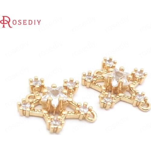 38560)10PCS 15.5x14.5MM 24K Champagne Gold Color Brass and Zircon 2 Holes Star Connect Charms Pendants Jewelry Making Supplies