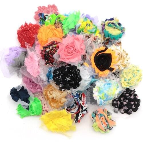 50pcs/set Random Shabby Flower Set Random Style 3D Frayed Fabric Flowers For Headband DIY handmade materials,1Yc12685