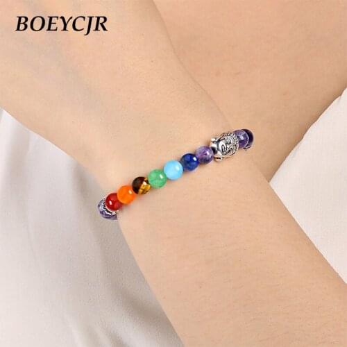 BOEYCJR Buddha head Charm 7 Chakra Bangles & Bracelets Fashion Jewelry Natural Stone Energy Bracelets for Women or Men