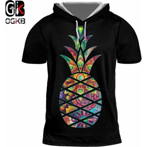 OGKB Black Unisex Hooded Tshirt Funny Print Pineapple 3D T-shirts With Cap Man Bodybuilding Fitness Casual Short Sleeve Hoody