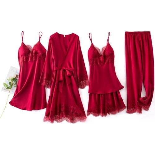 JULYS SONG 5 Pieces Solid color Satin Pajama Set Fashion Breathable Sexy Faux Silk SleepwearLace Thin New Autumn Robe Homewear