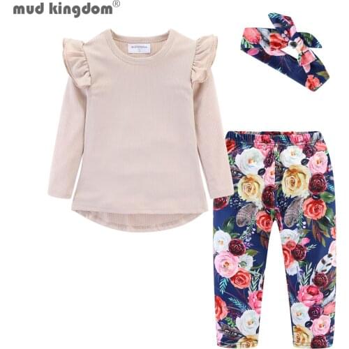 Mudkingdom Floral Little Girls Ribbed Outfit with Headband Ruffle Sleeve Cute 3Pcs Pants Set for Girl Suits Kids Clothes Autumn
