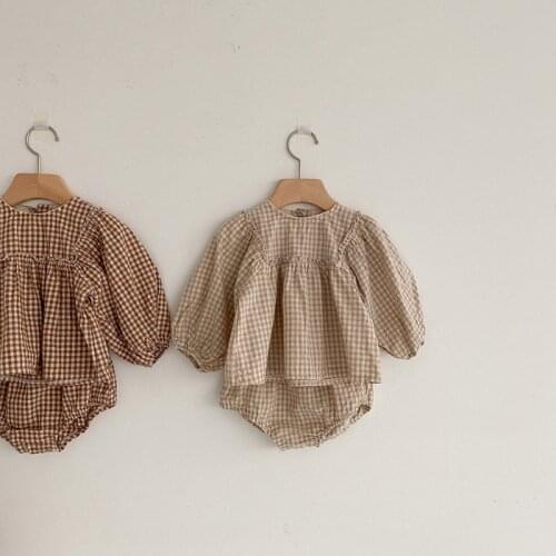 Koodykids Spring Summer Baby Girls Clothes Set 2PCS Vintage Plaid Shirts Shorts 2pcs Cotton Soft Toddlers Girls Clothing Set
