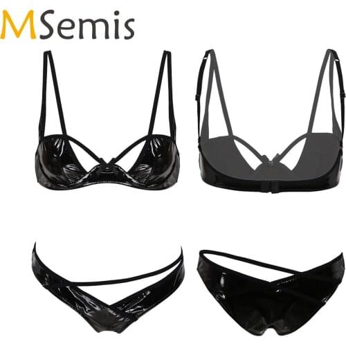 Women Ladies Hollow Out Wetlook Latex Leather Lingerie Sets Nightwear Clubwear Unlined Underwired Bra Tops with G-string Briefs