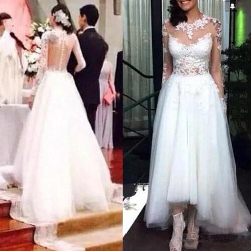 2020 A Line Lace Wedding Dresses Sheer Neck Long Sleeves Sexy Hi Lo Tull Appliques Wedding Bridal Gown