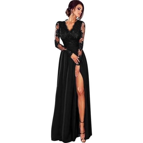 Women Long Maxi Dress Deep V Neck Long Sleeve Side Split Slim Formal Party Dresses vestidos Black Long Gowns Sexy Lace Dress 2XL
