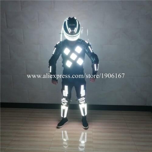 Newest Led Luminous Dance Robot Suit Led Flashing Helmet With Wigs Illuminated Growing Light Up Armor Costume Stage Performance