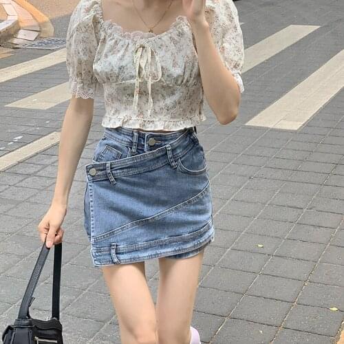 Summer New Womens Shorts Two Piece Set Fashion Temperament Ladies Lace Short Puff Sleeve Blouse Tops + Denim Skirt Shorts Suits