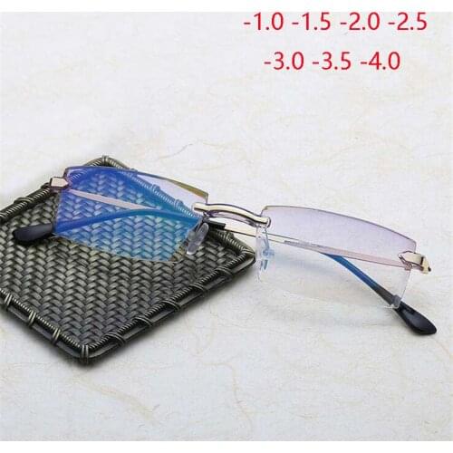 -1 -1.5 -2 -2.5 -3 -3.5 -4.0 Luxury Diamond Cutted Style Rimless Myopia Glasses Men Anti-blue Light Short-sight Eyeglasses Women