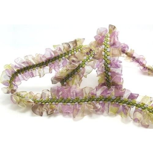 Pleated Trim|w Rococo Flower Trim|1 1/8 Inches Pleated Ombre Printed Chiffon Trim|Organza Chiffon Trim|Retro Handmade Supplies