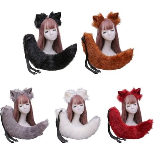 Women Girls Simulation Plush Cat Ears Headband with Solid Color Bendable Furry Animal Long Tail Set Kawaii Anime Cosplay Costume