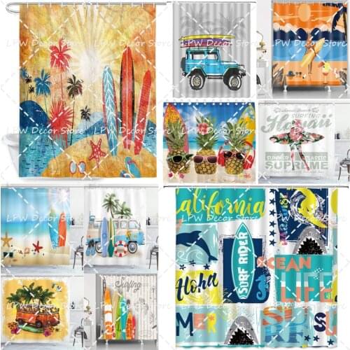 Beach Theme Shower Curtain Tropical Ocean Wave Sea Water Starfish Pattern Shower Curtains Vintage Surfboard Palm Tree Bath Decor
