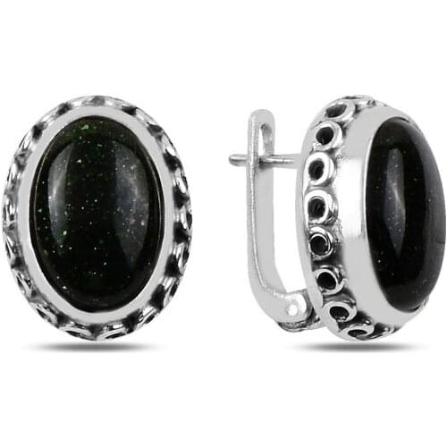 Silverlina Silver Green Star Stone Oxidized Hand Handwork Earrings