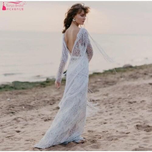 Long Sleeve Mermaid Wedding Dresses Unique Lace Boho Bridal Gowns with Charming Tassel ZW479