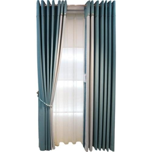 Fresh blue modern Nordic style cotton and linen mosaic curtain living room bedroom study bay window shading customization