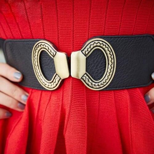 Vintage Elastic Waist Belts Women Fashion Cummerbunds Retro Buckle Stretch Waistband Cinch Strap Belt Black Color