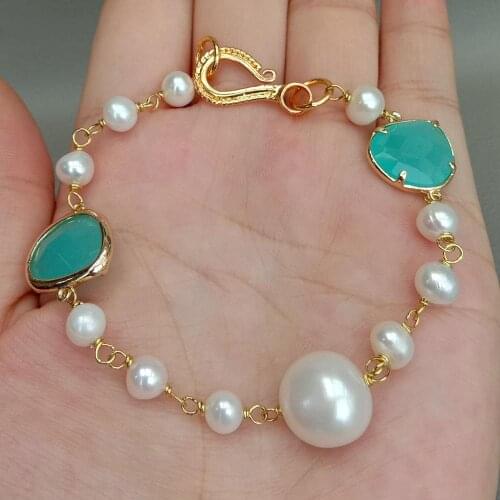 YYGEM Handmade 8'' White Baroque freshwater Pearl Blue Crystal Wrap Bracelet For Women Girl Birthday Leaves Bracelet Jewelry