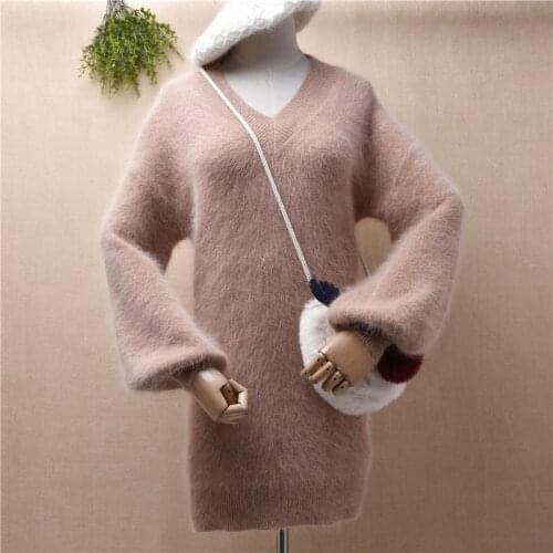 Ladies women hairy angora rabbit hair knitted long lantern sleeves slim blouses pullover fall winter v-neck dresses pull top
