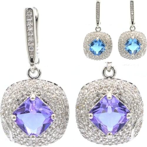 20x17mm Romantic Created Raspberry Rhodolite Garnet Blue Aquamarine CZ For Women Daily Wear Silver Earrings Eye Catching