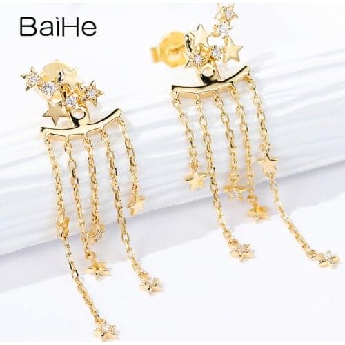 BAIHE Solid 18K Yellow Gold 0.12ct H/SI Round Natural Diamond Wedding Trendy Fine Jewelry Diamond tassel Stud Earrings for Women