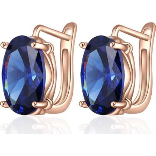 Beautiful Round Blue Crystal Stud Earrings for Women Rose Gold Gradient Tourmaline Glass CZ Earrings Wedding Party Jewelry Gifts