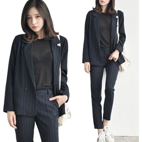 Two-piece womens spring and autumn long-sleeved striped casual temperament OL career suits (jacket + trousers)
