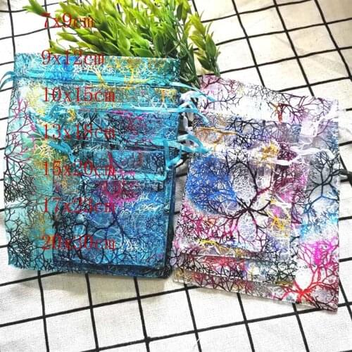 100pcs/Lot Coral Organza Drawstring Bags Jewelry Bags Gift Pouch Christmas Jewelry Display Packaging Bags 7x9 9x12 10x15 cm