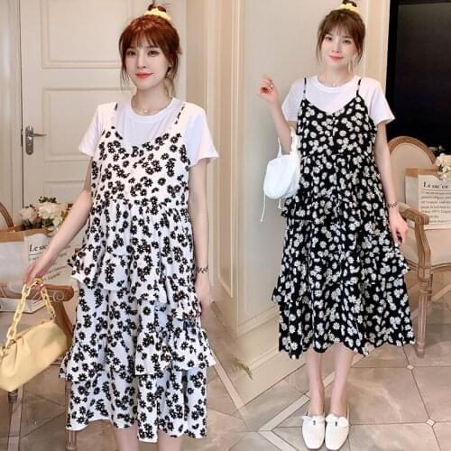 1601# T shirt + Dress Maternity Clothes Loose Stylish Short Sleeves Floral Dress for Pregnant Women Pregnancy Clothes