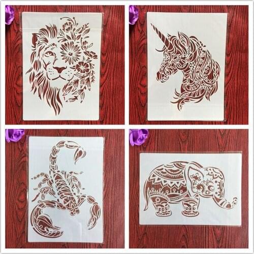 4pcs / set A4 animal Stencils Painting Coloring Embossing Scrapbook Album Decorative Template for walls stencil plastic