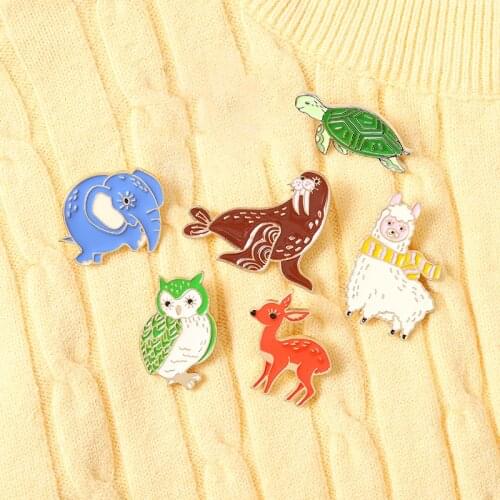 6 styles cartoon animal Enamel Brooch elephant owl walrus turtle Alpaca fawn Lapel Pin lovely jewelry badge for children