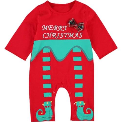 2020 Christmas Baby Girls Boys Clothes Toddler Cartoon Boots Print Bowknot Jumpsuit Kids Long Sleeve Round Collar Rompers 0-24M