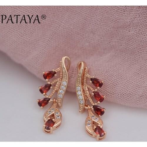 PATAYA Rose Red Long Earrings 585 Rose Gold Natural Zirconia Leaf Design Screw Ear Clip Black Jewelry Women Dangle Earrings