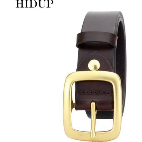 HIDUP Top Quality Cow Cowhide Leather Belt Brass Pin Buckle Metal Belts for Men Casual Styles Genuine Jeans Accessory NWWJ133