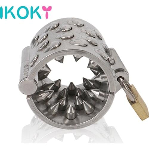 IKOKY Male Chastity Scrotum Testicle Stimulation Cock Lock Sex Toys For Men Penis Ring Pendant Stainless Steel 4 Rows Teeth